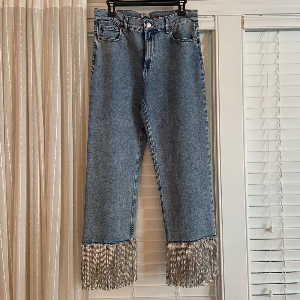 Alice + Olivia Medium Blue Denim Boyfriend Jeans with Silver Fringe Hem